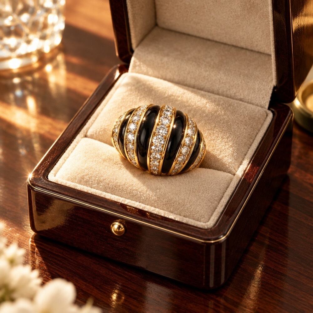 Vintage Discontinued Signed MONET Black Enamel & Rhinestone Zebra Dome Ring